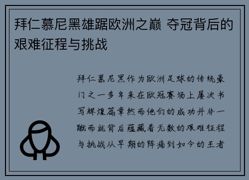 拜仁慕尼黑雄踞欧洲之巅 夺冠背后的艰难征程与挑战